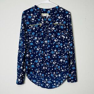 Michael Kors Floral Blouse Women's‎ XS Blue Long Sleeve Gold Zipper Detail Top